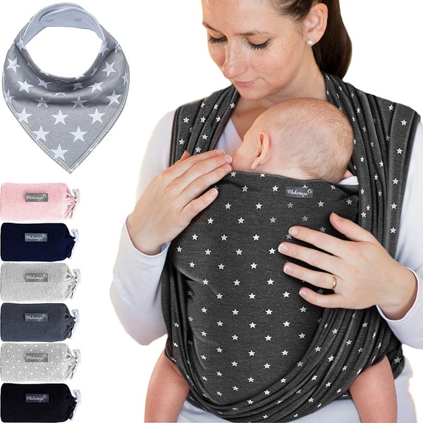 Baby Wrap Carrier Dark Gray with Stars - Baby Carrier for Newborns and Babies Up to 15 Kg - Made of Soft Cotton