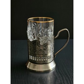Neman Russian Vintage Crystal Tea Glass with Gold Rim & Metal Holder Podstakannik Set