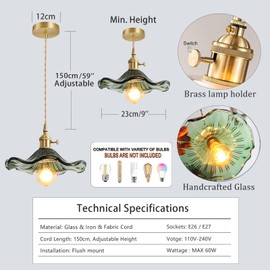 XIRYTU-H 9'' Vintage Lotus Leaf Glass Pendant Light, Adjustable Height Floral Hanging Lamp, E26 Brass Holder, Farmhouse Flower Ceiling Lighting for Kitchen Island, Dining Room, Hallway (Green)