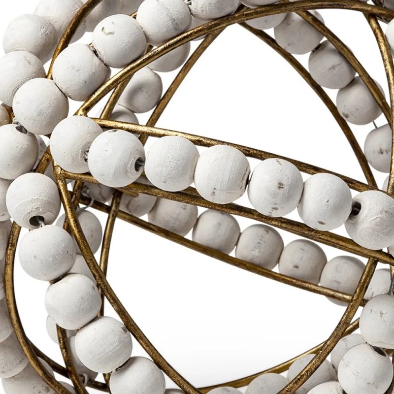 Homeroots 9" White Wooden Bead And Gold Orb Sculpture
