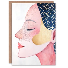 Artery8 Greeting Card Freckles Woman Portrait Pink Blue Gold Polka Dot For Her Woman Birthday Card