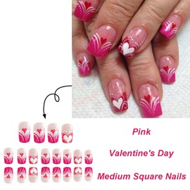 French Tip Press on Nails Square with Pink Love Girl Cute Medium Square Nails Fake Nails Heart Design Valentines Day Acrylic Nails False Nails Heart Full Cover Stick on Nails for Women Girls 24Pcs