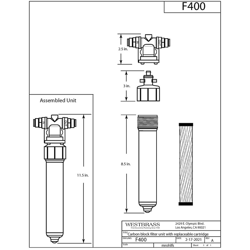 Westbrass AF400 Under Sink in-line Filter Unit and Cartridge for