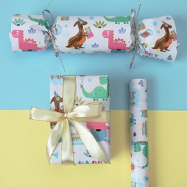 Dinosaur Happy Birthday Wrapping Paper Roll, Mini Roll-17 Inches * 32.8 Feet, Wrap Paper for Boys’, Girls', or Kids' Party, Baby Shower, Newborn, New Moms or Parents, 1 Roll