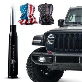 Alpha Defense - Antena de estilo redondo de 50 cales, de aluminio, resistente a la corrosión, 5.5 pulgadas, para Jeep Wrangler + antena de radio para la mayoría de camiones + protector facial Alpha Defense, juego de 2 (plateado)