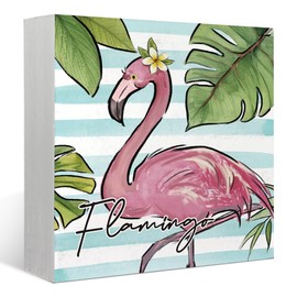 FLVGE Pink Flamingos Wooden Box Sign Desk Decor, Summer Bathroom Decor, Flamingo Sign Summer Rustic Home Shelf Wall Decoration, Flamingo Gifts 5x5 Inch