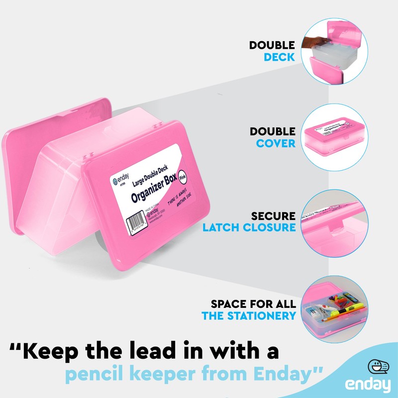 Enday Pencil Box Pink, Large Capacity Plastic Double Deck Box