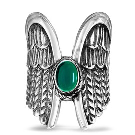 Retro Oval Genuine Green Emerald Stone Angel Wings Ring,Antique S925 Sterling Silver Natural Quartz Crystal Ring,Vintage Cocktail Party Gothic Punk Full Finger Chunky Statement Wide Band Ring for Women Her (A01_Emerald, 8)