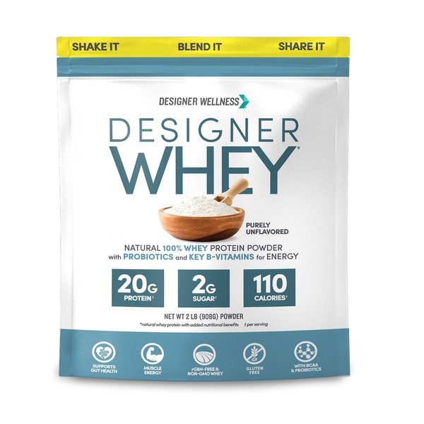 Designer Wellness, Designer Whey, Natural Protein Powder with Probiotics, Fiber, and Key B-Vitamins for Energy, Gluten-Free, Purely Unflavored, 2 lb