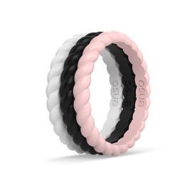 Enso Rings Stackable Braided Silicone Wedding Ring – Hypoallergenic Unisex Stackable Wedding Band – Comfortable Minimalist Band – 2.5mm Wide, 8mm Thick - Obsidian/Pink Sand/White - 5