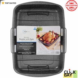 Unbranded 18.9" Non-Stick Carbon Steel Grey With Speckle Roaster Pan & Wire Rack Gauge.