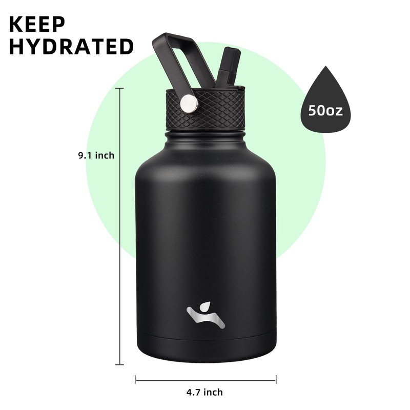 Konokyo Insulated Water Bottle with Straw,50 oz 3 Lids Water