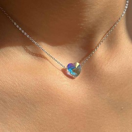 Cimenexe Bohemian Crystal Heart Choker Necklace Silver Heart Pendant Necklace Rhinestone Heart Collar Necklace Minimalist CZ Heart Chain Necklace Jewellery for Women, Zinc, No Gemstone