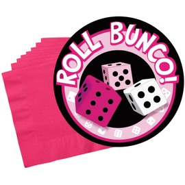 Roll Bunco Plates & Hot Magenta Napkin Set - 16 Pieces of 8" Bunco Plates and 50 Pieces of 5" Hot Magenta Bunco Beverage Napkins - Bunco Party Supplies 400g - Bunco Party Supplies