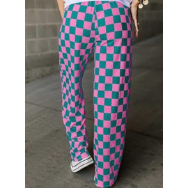 Acelitt Women's Casual Checkered Pants 2024 Fall Fashion Trendy High Elastic Waist Comfy Loose Wide Leg Pants Trousers with Pockets Pink Medium