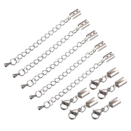 uxcell 5Sets Fold Over Cord Ends with Lobster Claw Clasps & Extender Chain, 4mm Terminators Crimp Cap Clasp Tips for DIY Craft Making, Silver Tone