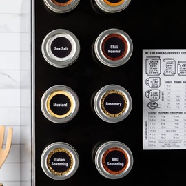 Talented Kitchen 24 Magnetic Spice Tins and 2 Types of Spice Labels. 24 Storage Spice Containers, Magnetic Spice Jars with Window Top and Sift-Pour. 240 Preprinted Spice Stickers. Spice Rack On Fridge