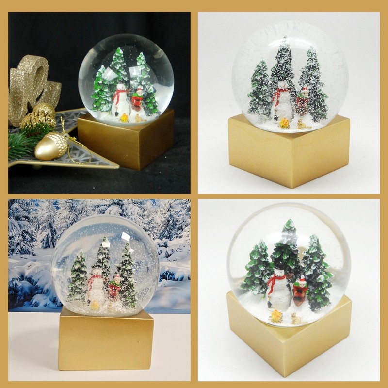Christmas Snow Globe Winter Mood Snowman Stands with Child on