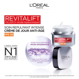 L'Oréal Paris - Intense Anti-Ageing Care SPF 50 - Day Cream with Hyaluronic Acid with UV Protection - Wrinkles & Wrinkles - For All Skin Types - Revitalift Filler - 50 ml