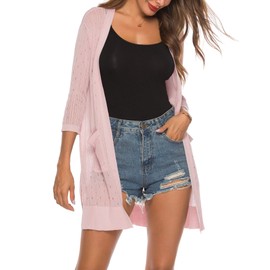 LYHNMW Women's Cardigan Casual 3/4 Sleeve or Long Sleeve Lightweight Open Front Long Knited Cardigan with Pocket B-Pink