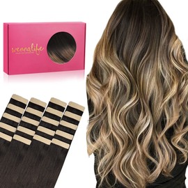 WENNALIFE Tape-in Extensions, Real Hair, Set of 20, 50 g, 45 cm/18 Inches, Dark Brown to Chestnut Brown and Dirty Blonde Highlights, Remy, Invisible Tape, Silky Straight, Skin Weft Tape Ins