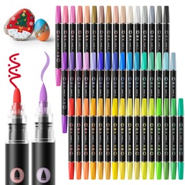 SUNEE 48 Colors Dual Tip Acrylic Paint Markers Pens, Bullet and Brush Tip Art Markers with Automatic Ink Control System, Water-Based Acrylic for Paper, Metal, Rock, Ceramic, Wood, Canvas, Glass