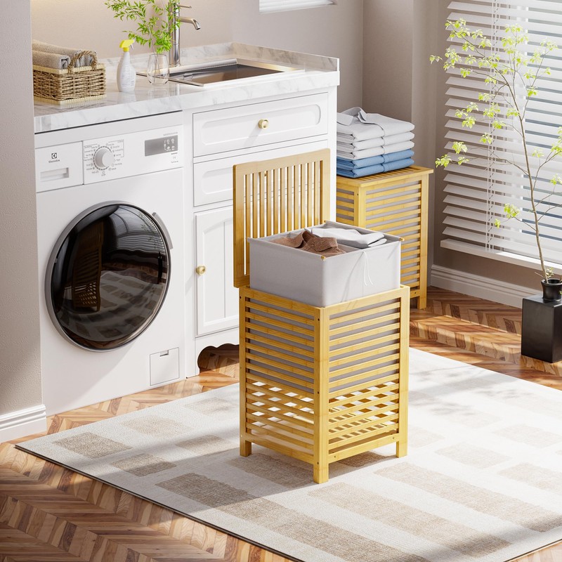 SMIBUY Double Laundry Hamper with Lid, 120L Bamboo Laundry Basket