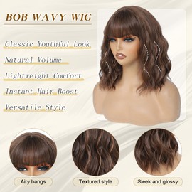 Brown Wigs With Bangs Short Wavy Wig for Women 14 Inch Brown with Highlight Curly Shoulder Length Bob Wigs Synthetic fiber Hair for Daily Party Use