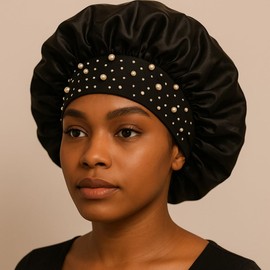 2 ORCHIDS Gorros De Satén De Seda Para Mujer Y Hombre - Gorro Elástico Ancho Para Cabello Rizado - Gorro De Ducha Para Dormir (Negro)