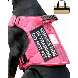 Reflective No Pull Heavy Duty Pink Service Dog Vest Harness for Medium Large Dogs, Front Clip Comfort Padded Adjustable Dog Harness with Patches for Training Walking