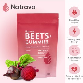 Natrava Beets+ Gummies - Premium Beet Root Powder, Grape Seed Extract and Vitamin C - Supports Healthy Blood Pressure and Heart Health - Low Sugar Nitric Oxide and Circulation Supplement - 50 Gummies