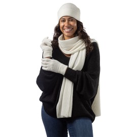 Fishers Finery Women's 3pc Cashmere Ribbed Hat Glove Scarf Set | Gift Box (Cream)