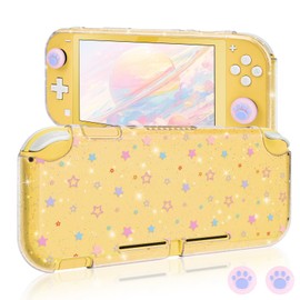 DLseego Protective Case Suitable for Switch Lite Console 2019, TPU Soft Shell Anti-Slip Shock-Absorption Crystal Protective Heart Games Case with 2 PCS Cute Cat Paw Thumb Grips Caps- Glitter Purple