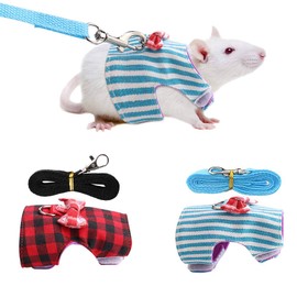 Pet Rabbit Traction Rope, Pet Small Animal Bunny Hamster Harness, Chest Strap, Red Grid + Blue Stripes, 2 Pieces (M)