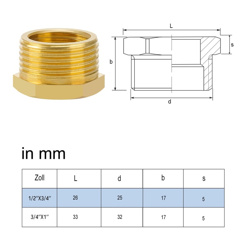 nutmanel Reducer Reducer 3/4 to 1/2 Inch Brass Pipe Connection