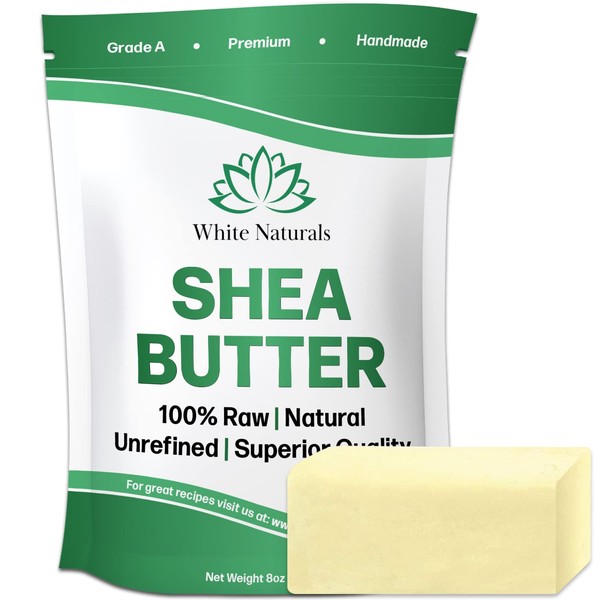White Naturals Shea Butter 8 oz Pure, Raw, Unrefined, African, Grade A, Ivory, Perfect Skin Moisturizer, DIY Lip Balms, Stretch Marks, Recover Sun Damage, Whipped Body Butter
