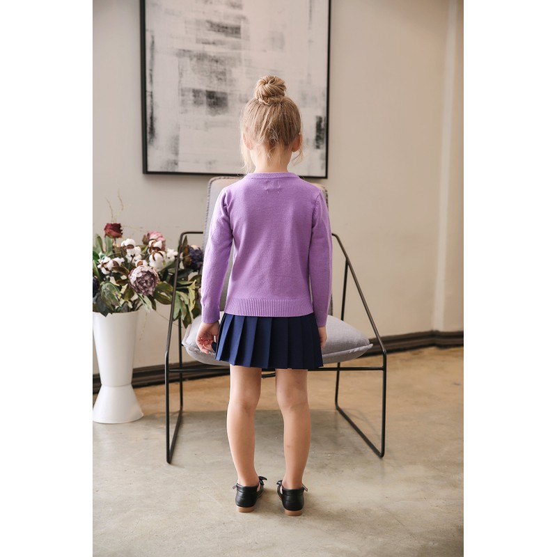 SMILING PINKER Little Girls Crewneck Cardigans Button Knitted Uniform Sweaters(4-5T,Purple)