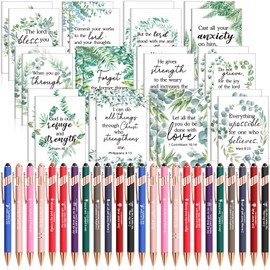 Estune 96 Pcs Bible Verse Gifts Set Including 48 Pcs Bible Verses Notebook Journal for Women 48 Pcs Metal Inspirational Pens Quotes Pen for Men Religious Study, School Supplies (Greenery)