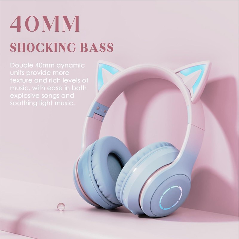 RGB Cat Ear Headphones,Wireless Foldable & Wired Over Ear Headphones