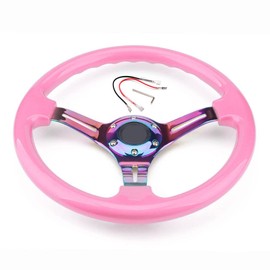 Classic Pink Racing Steering Wheel Neo Chrome Spoke 350mm 14" Deep Dish ABS Hard Wood Steering Wheel with Horn Button