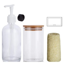 Started Kit 16 oz Clear Glass Boston Round Bottles with White Lotion Pump and Phenolic Caps (6 Pack), 16 oz Clear Jars with Bamboo Lids (2 Pack), Loofahs (2 Pack), Labels (8)