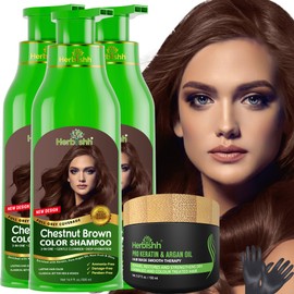 Herbishh Ultimate Shampoo Kit (3pcs Dye + 1 Argan Mask) for Smooth, Long-Lasting Grey Hair Color - Men & Women (Chestnut Brown)