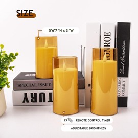salipt LED Flameless Pillar Candles Battery Operated with Remote and Timer, Set of 3(D: 3" x H: 5" 6" 7") Plexiglass LED Flickering Candles with 3D Flame, Amber…