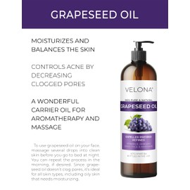 Grapeseed Oil by Velona - 32 fl oz | 100% Pure and Natural Carrier Oil | Refined, Cold Pressed | Cooking, Skin, Face, Body, Hair Care | Use Today - Enjoy Results