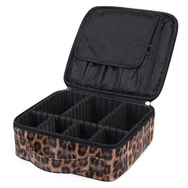 JUER Travel Makeup Train Case with Adjustable Dividers White Marble Makeup Organizer Bag Portable Cosmetic Storage Cases with Brush Holders (Leopard texture)
