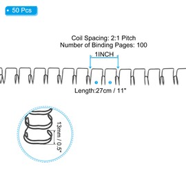 PATIKIL 13mm (1/2") Double Loop Wire Binding Combs, 50 Pcs Metal Twin Loop Binding Coils 100 Sheet Capacity 2:1 Pitch 21 Ring Binding Spines, Black