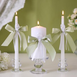 Conelist 3 Pcs Unity Candles with Satin Bow and Glass Candle Holder Boho Wedding Unity Pillar Candle Set Wedding Ceremony Reception Candles Decor for Formal Events Wedding Church(Sage Green)