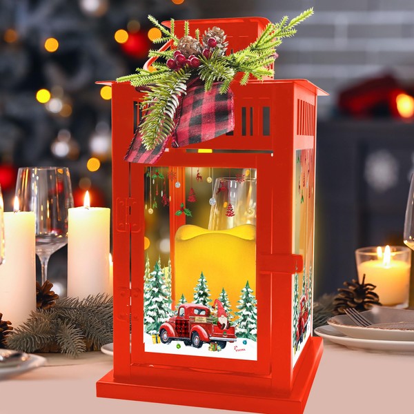 Christmas Candle Holders Lantern, Red Truck Gnome Christmas Decorations Indoor Table Centerpieces, Christmas Decor Hanging Candle Lantern for Home Party Garden Porch, with Remote Control