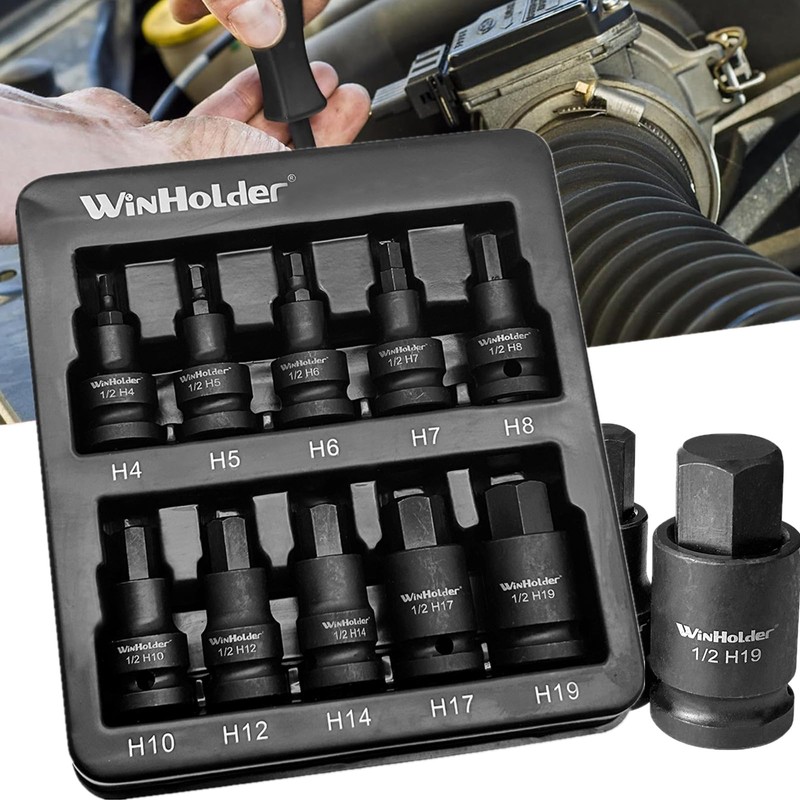 WinHolder 10Peices Impact HEX BIT Socket Set H4-H19 1/2" Drive