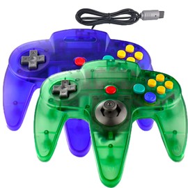 JINHOABF 2 Pack Classic N64 Controller,Wired N64 64-bit Gamepad Joystick for N64 Console (Clear Green and Clear Blue)